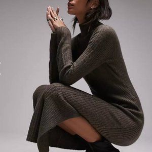 Topshop knit long sleeve shaped funnel midi dress in charcoal